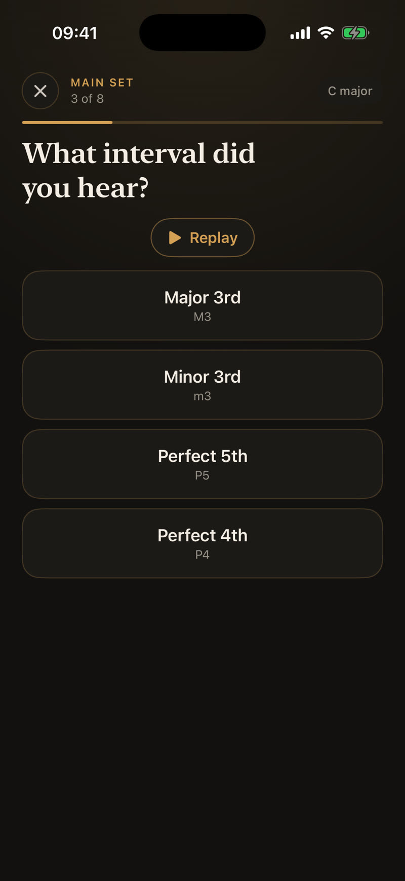 EarPT ear training app on iPhone: interval identification in C major.